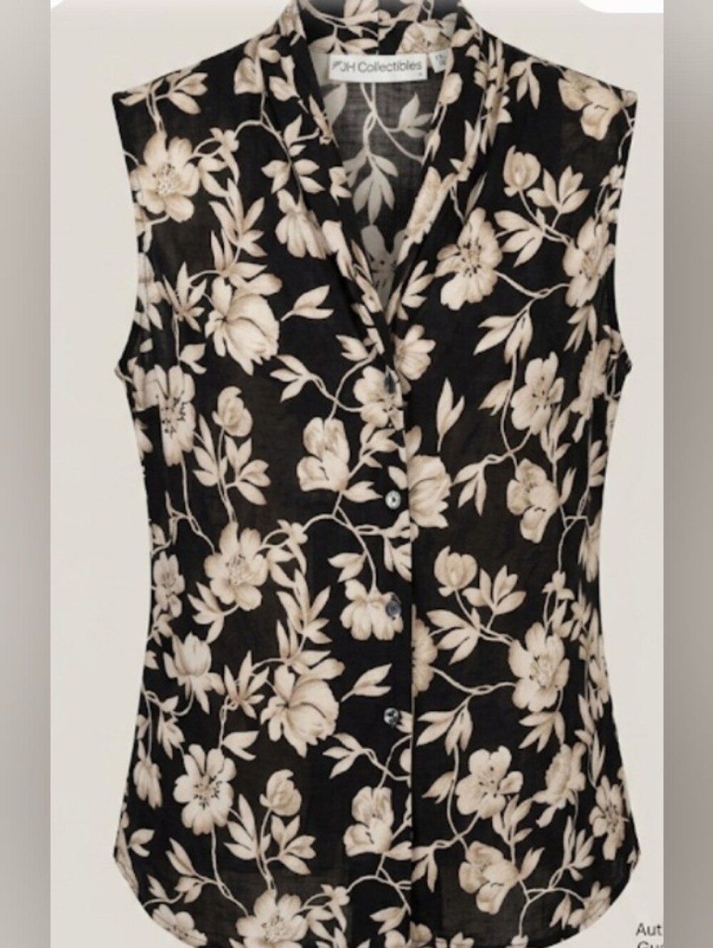 Vintage 80's Black Floral Linen/Flax Blend Sleeveless V-Neck Blouse (Sz 14)
